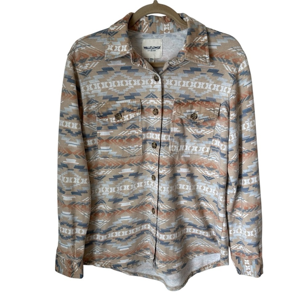 Wallflower Tan Blue Aztec Button-Down Shirt